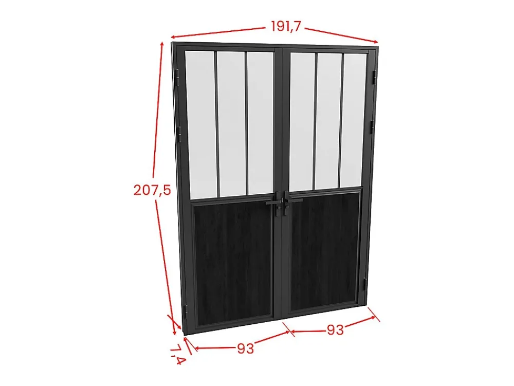 Vente-unique Bloc porte réversible à deux battants en aluminium et verre trempé dépoli style atelier - 2 x H204 x L93 cm - Noir - ERMELO- Bloc Porte