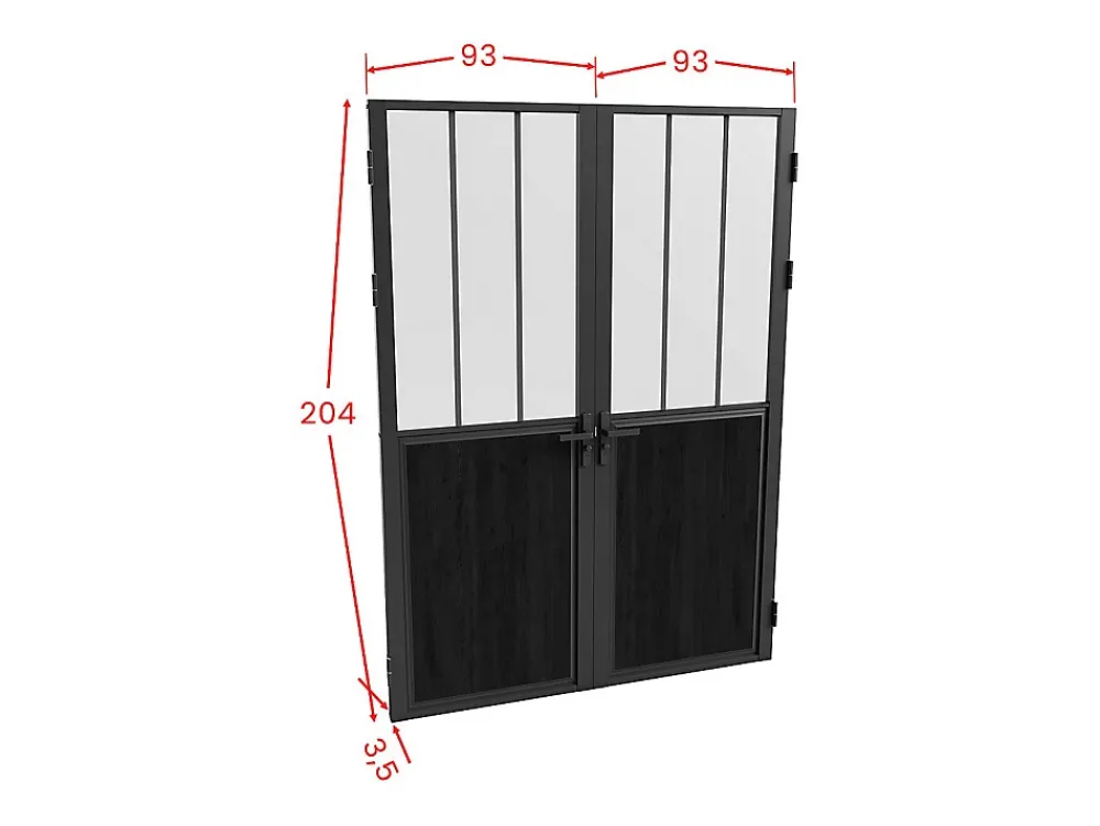 Vente-unique Bloc porte réversible à deux battants en aluminium et verre trempé dépoli style atelier - 2 x H204 x L93 cm - Noir - ERMELO- Bloc Porte