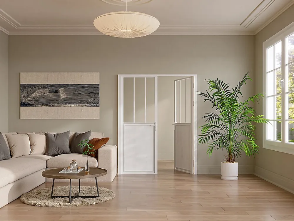Vente-unique Bloc porte réversible à deux battants en aluminium et verre trempé style atelier - 2 x H204 x L83 cm - Blanc - ERMELO- Bloc Porte