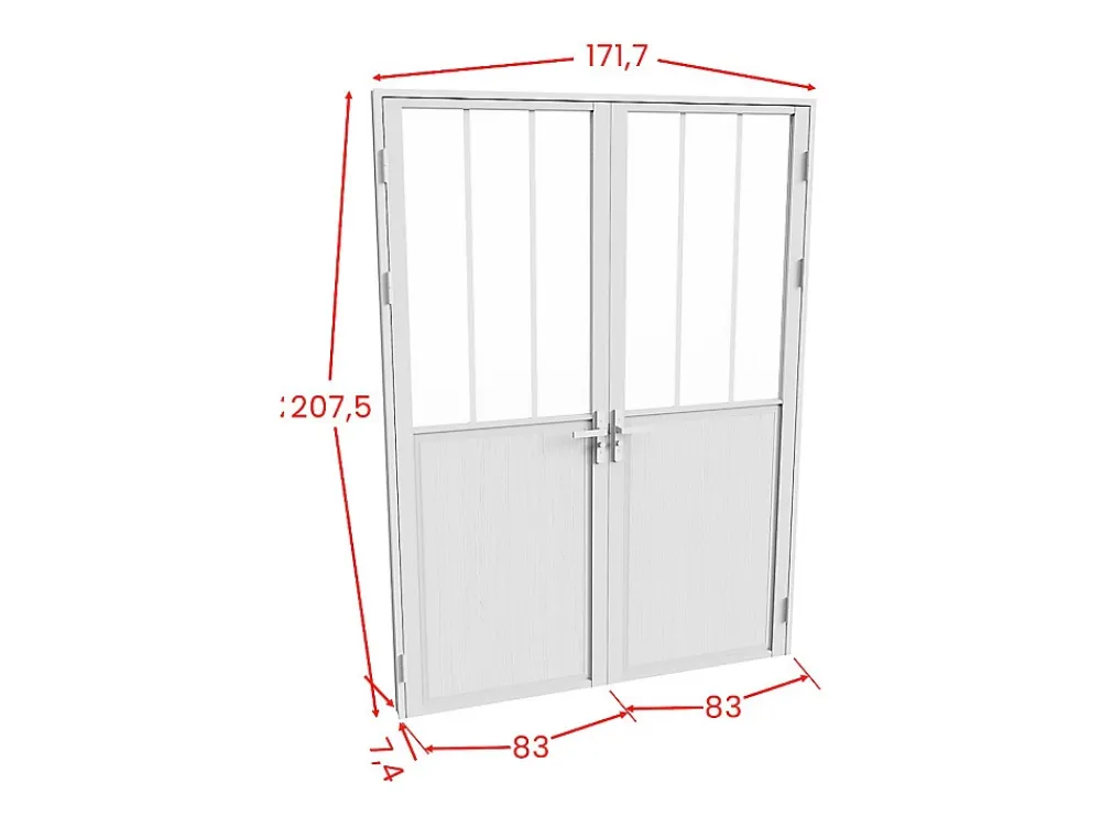 Vente-unique Bloc porte réversible à deux battants en aluminium et verre trempé style atelier - 2 x H204 x L83 cm - Blanc - ERMELO- Bloc Porte