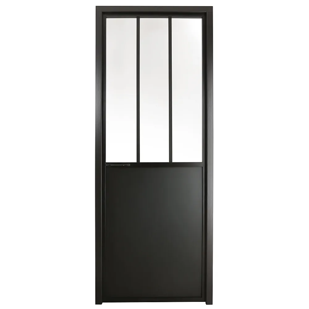 Bloc-porte atelier 3 carreaux vitrés transparent, poussant droit, coloris noir mat H.213 x l.83cm- Bloc Porte
