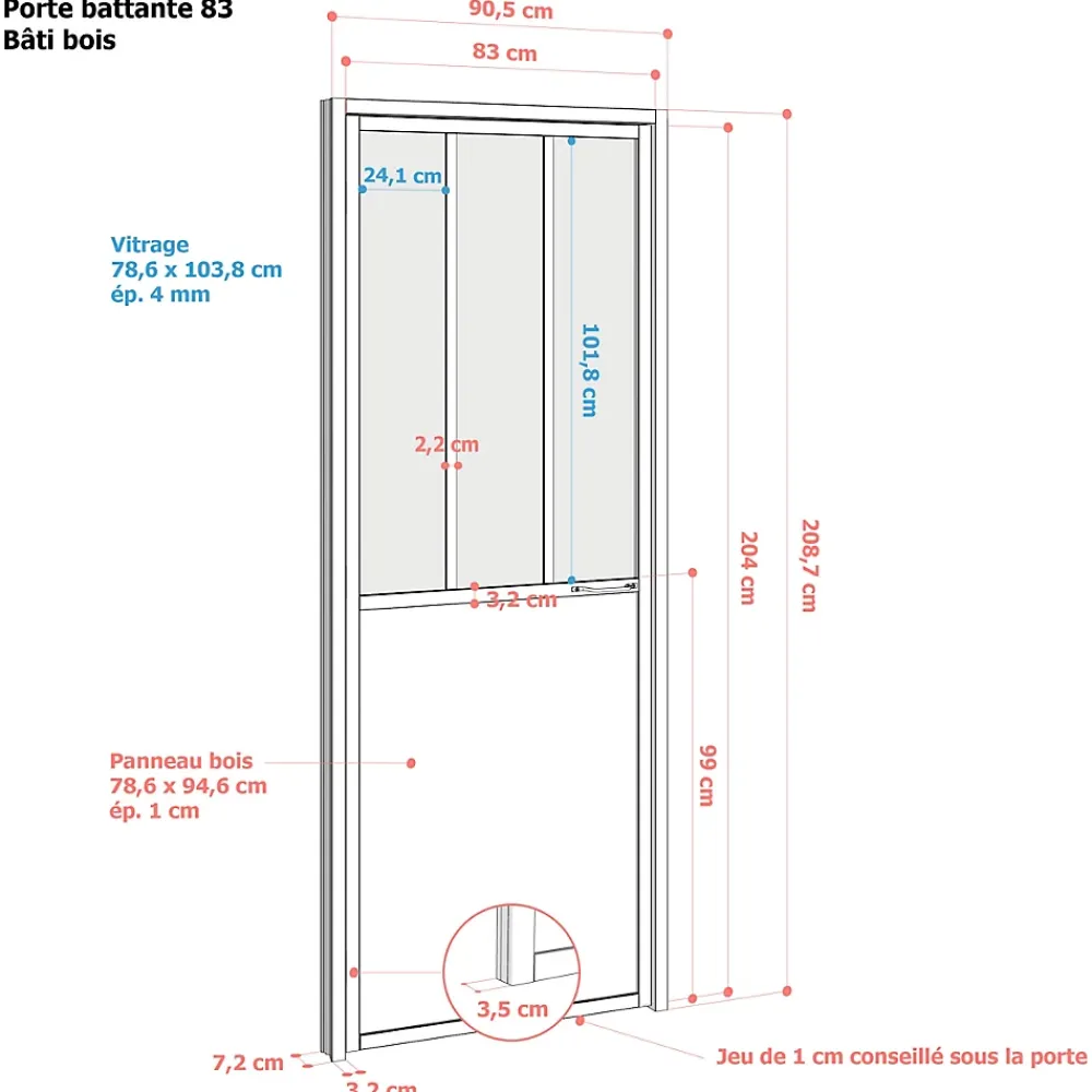 Bloc-porte atelier 3 carreaux vitrés transparent, poussant droit, coloris noir mat H.213 x l.83cm- Bloc Porte