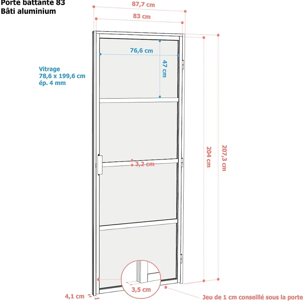 Bloc Porte<Bloc-porte Loft 4 carreaux vitrés transparents, poussant droit, coloris noir mat H.213 x l.83cm