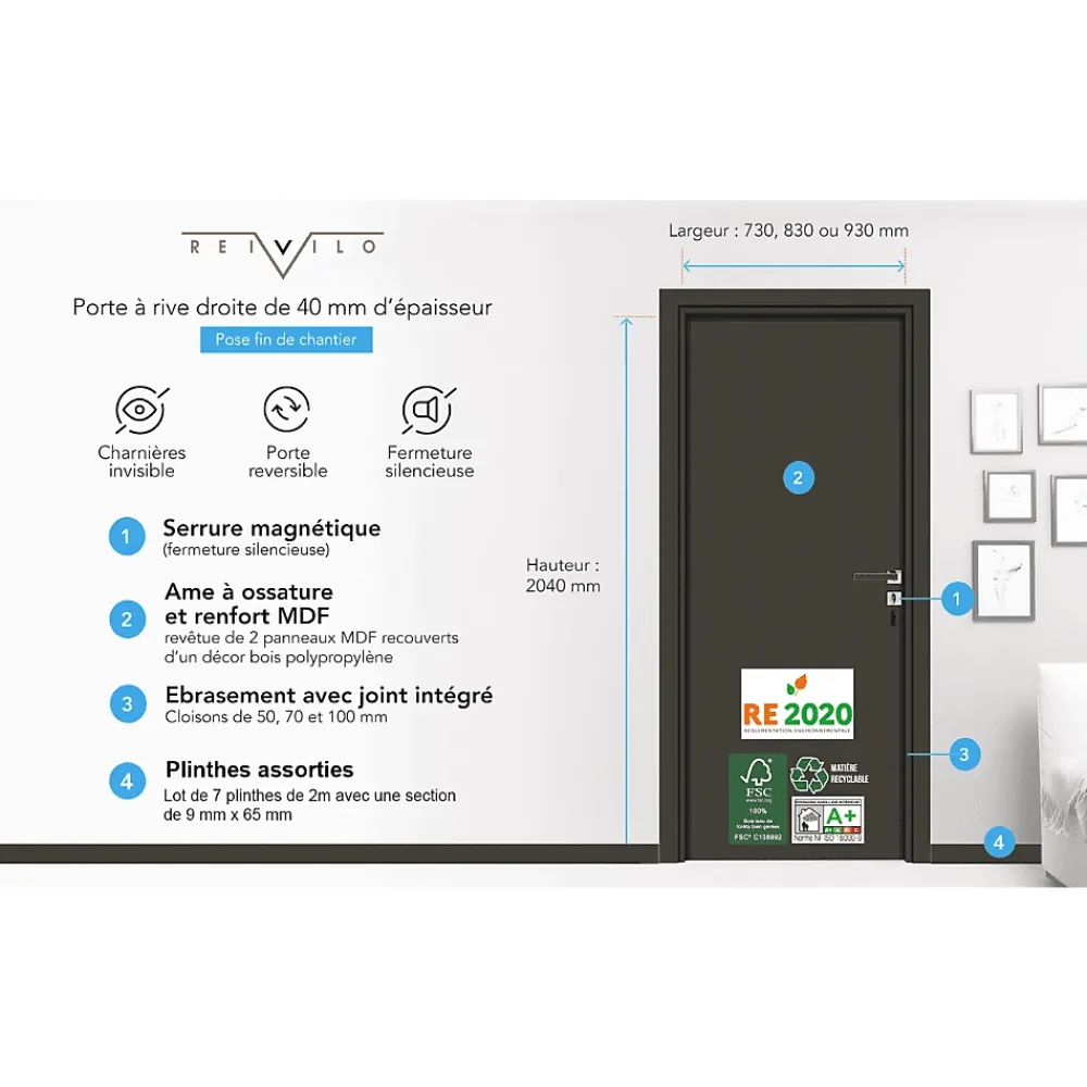 Reivilo Bloc-porte pose fin de chantier Premium Riva, H.204 x l.83 cm, aspect chêne blanc, réversible- Bloc Porte