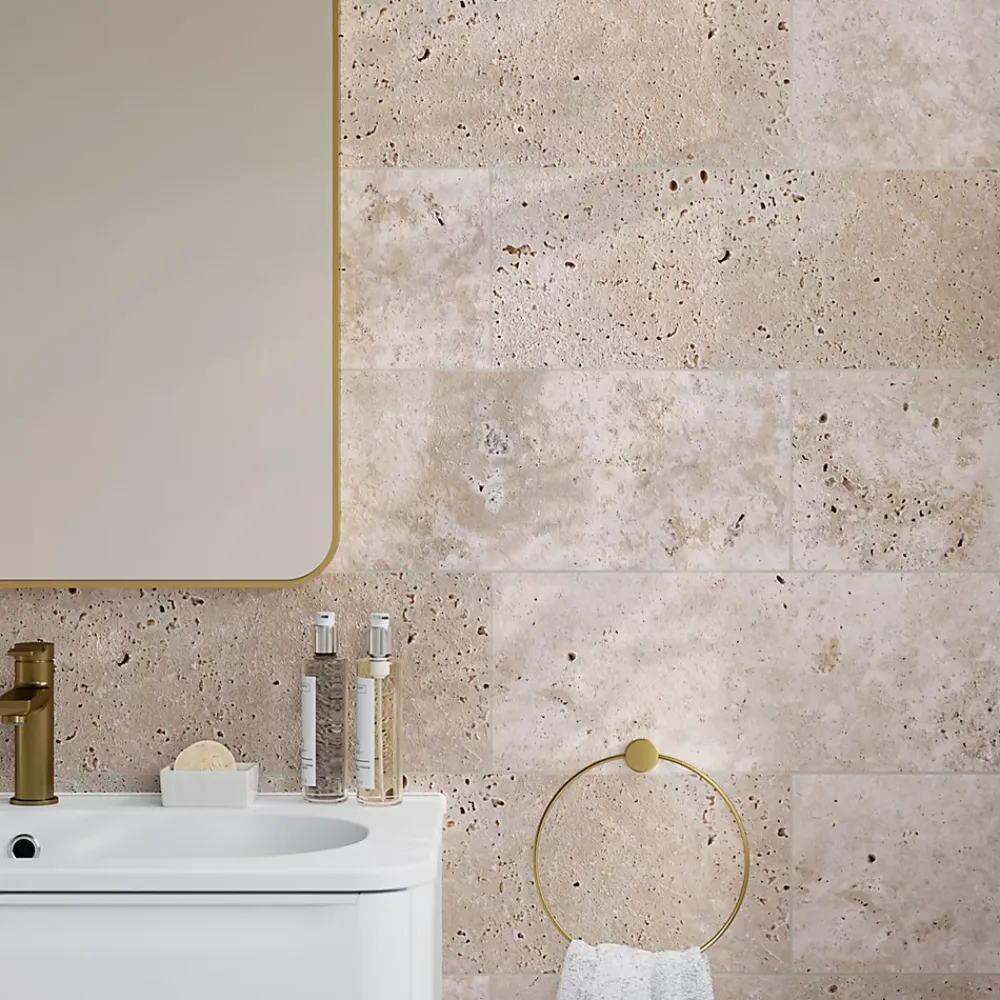 GoodHome Travertin<Carreau en travertin sol et mur L.60 x l.20 cm x ép.10 mm, Travertino