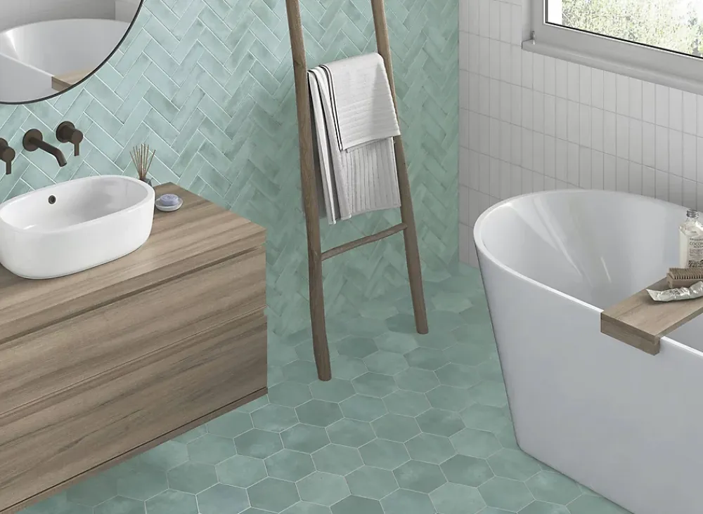 Lux Mosaic Carreau Hexagonal en Grès Cérame Effet Ciment. Série Denia Ciel 14x16 cm- Carrelage Sol Effet Béton|Carrelage Sol Pour Salle De Bains