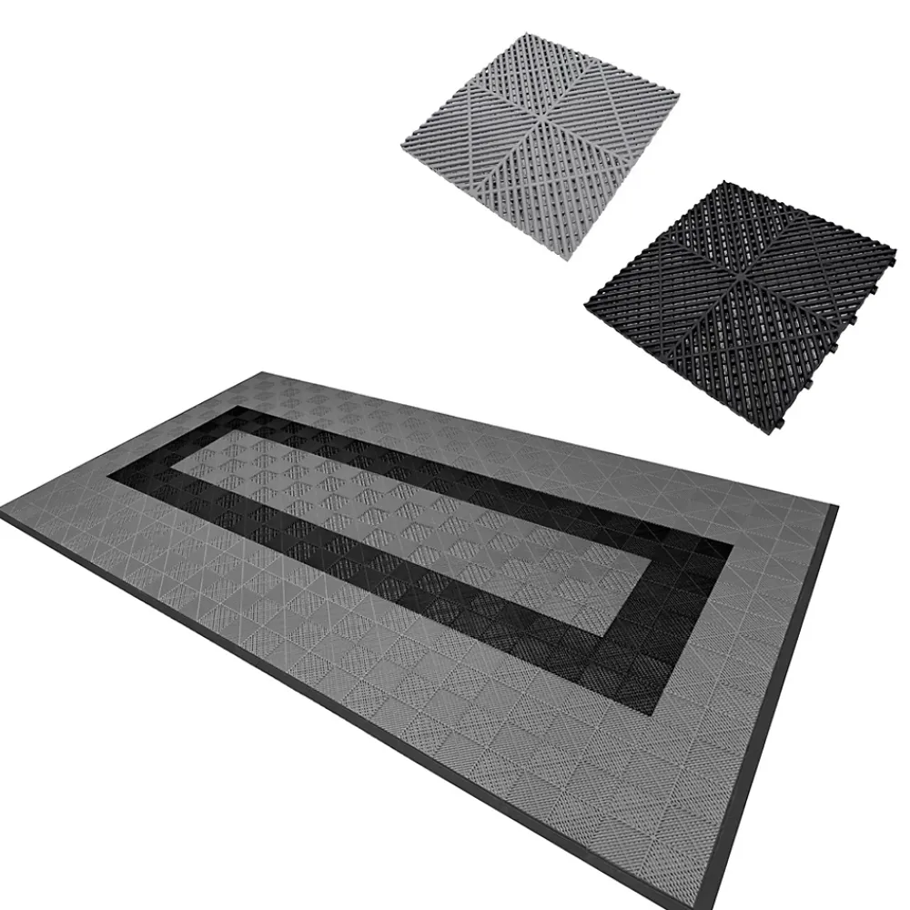 MonsterShop Dalle Pvc Garage<Carrelage de Sol Ventilé Pour Garage Avec Bordure (90 x Gris & 30 Noir)