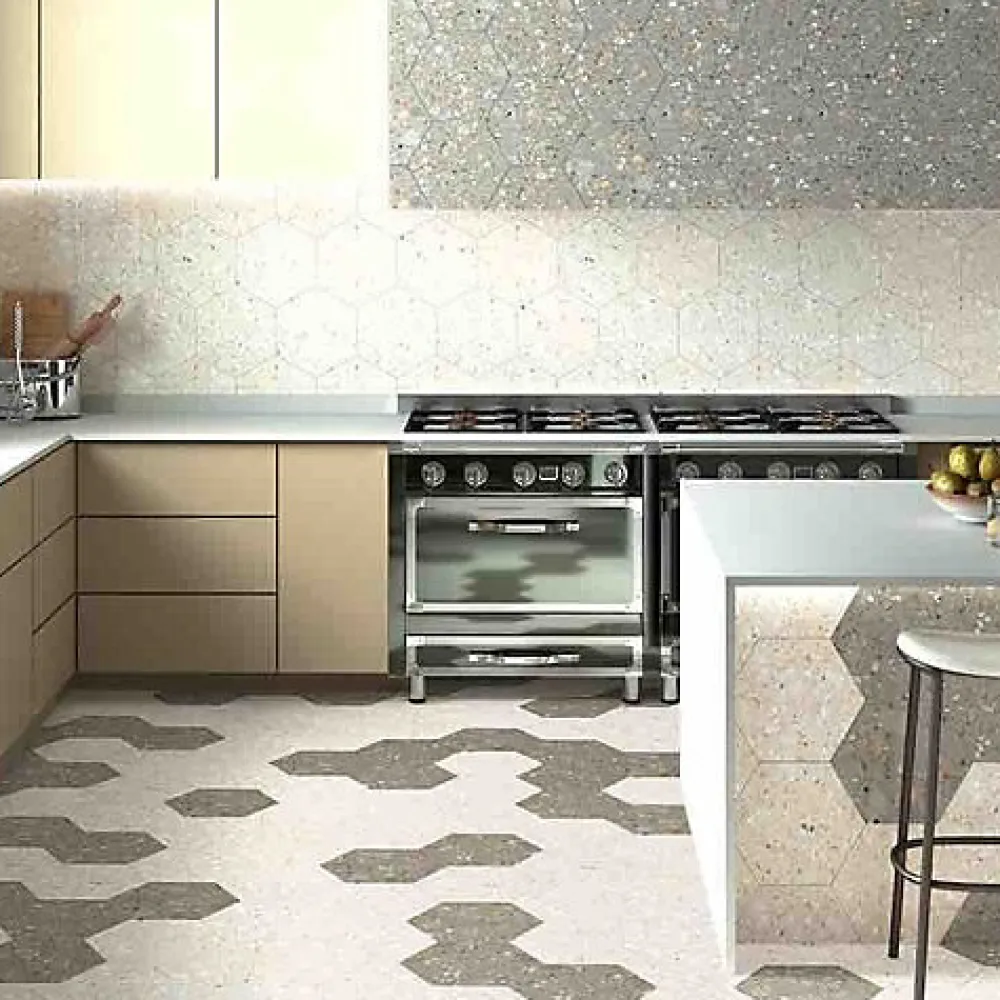 Les Carreaux De Jean Carrelage Effet Terrazzo Hexagonal AROUSA 25,8x29 Blanco - Les Carreaux de Jean- Carrelage Sol Effet Terrazzo|Carrelage Sol Pour Cuisine