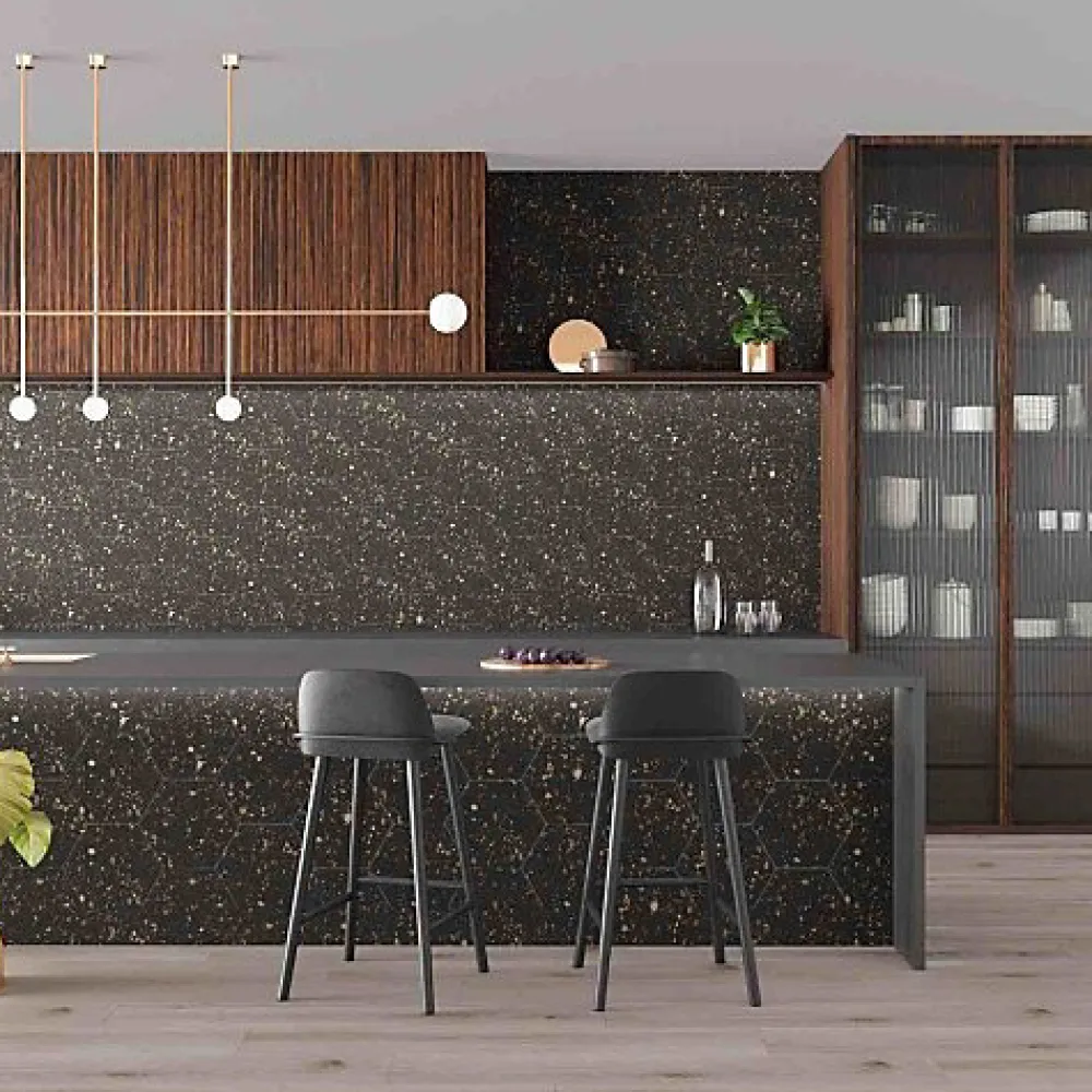 Les Carreaux De Jean Carrelage Effet Terrazzo Hexagonal AROUSA 25,8x29 Noir - Les Carreaux de Jean- Carrelage Sol Pour Cuisine|Carrelage Sol Effet Terrazzo