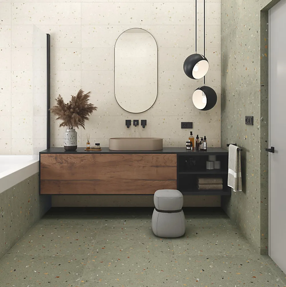 Eiffel art construction Carrelage mur faience effet terrazzo 32x99 cm Croccante Topping-R Menta(vendu par boite de 1.27m2)- Faïence Pour Salle De Bains