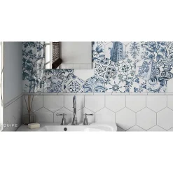 Aelle Carrelage Carrelage mur hexagonal patchwork motif bleu et blanc brillant 17,6x20,1 cm HEXATILE PATCHWORK LISBOA- Carrelage Sol Uni|Carrelage Sol Pour Wc
