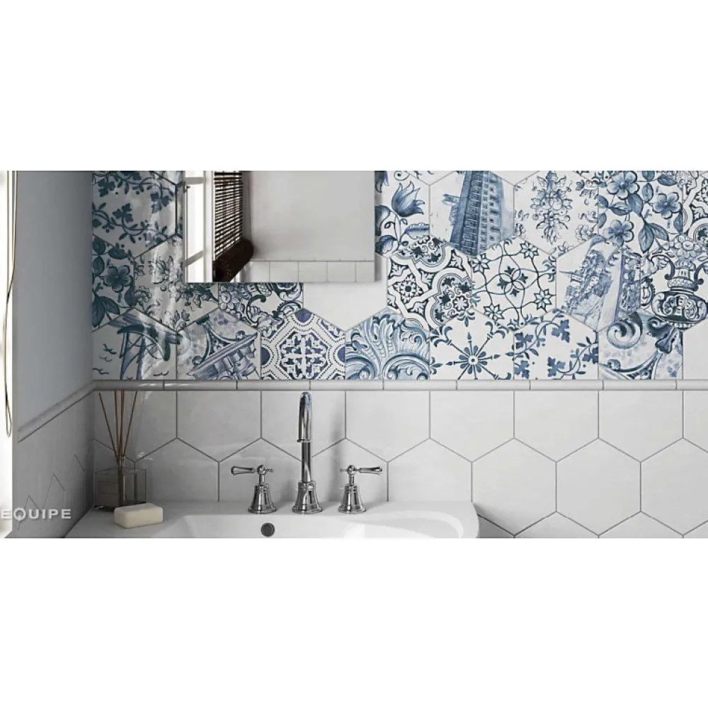 Aelle Carrelage Carrelage mur hexagonal patchwork motif bleu et blanc brillant 17,6x20,1 cm HEXATILE PATCHWORK LISBOA- Carrelage Sol Uni|Carrelage Sol Pour Wc