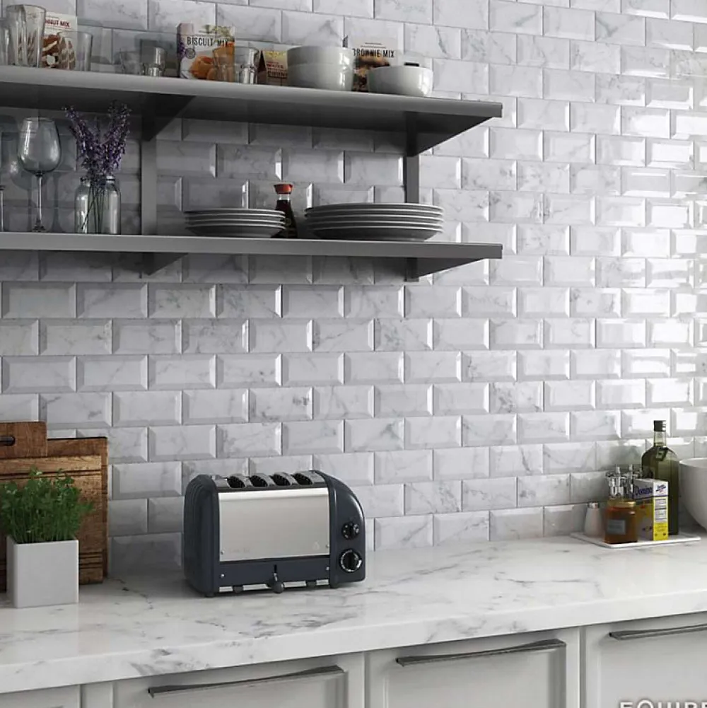 Aelle Carrelage Carrelage mur métro parisien relief effet marbre blanc mate 7,5x15 cm METRO CARRARA- Carrelage Mural Effet Marbre