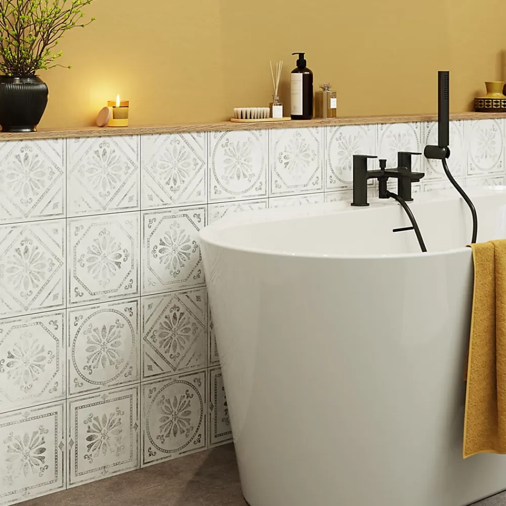 GoodHome Carrelage mural interieur effet carreau de ciment blanc et béton L.20 x l.20 cm x ép.8,2 mm, Koney- Carrelage Mural Pour Wc|Carrelage Mural Effet Béton