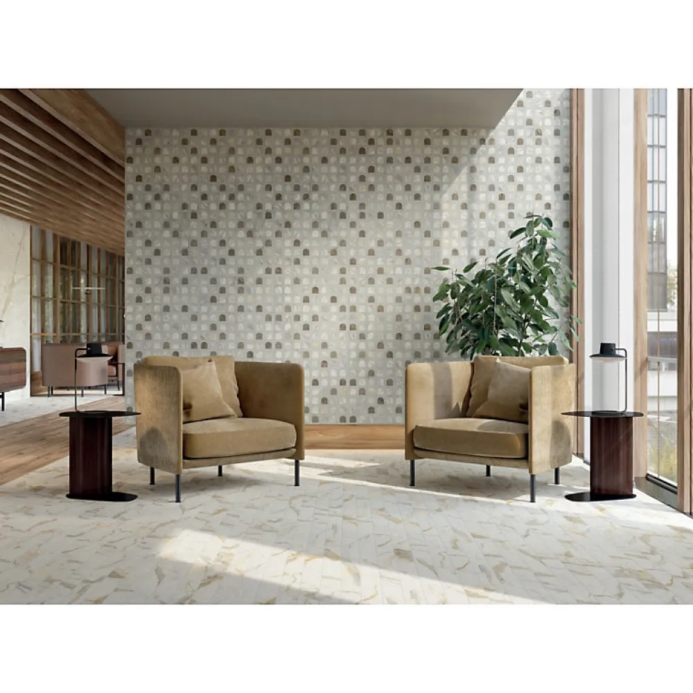 Aelle Carrelage Carrelage sol / mur chevron effet marbre beige 7,4X45 cm - SCULTOREA Calacatta oro fino chevron J472- Carrelage Sol Effet Marbre