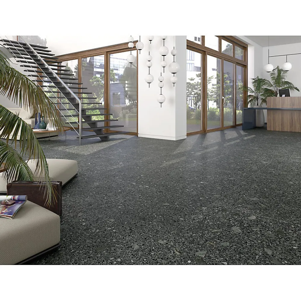 Eiffel art construction Carrelage Sol Effet Terrazzo<Carrelage sol / mur effet terrazzo noir brillant 80x80 cm MISCELA GRAFITO POLISHED(vendu par boite de 1.26m2)