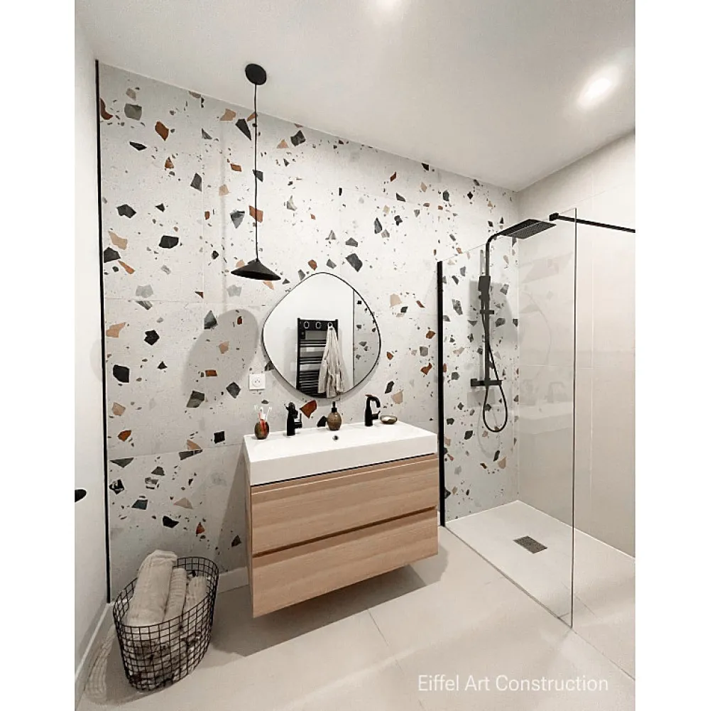 Eiffel art construction Carrelage sol / mur effet terrazzzo coloré 120x120 cm STRACCIATELLA NACAR(vendu par boite 1.44m2)- Carrelage Sol Effet Terrazzo