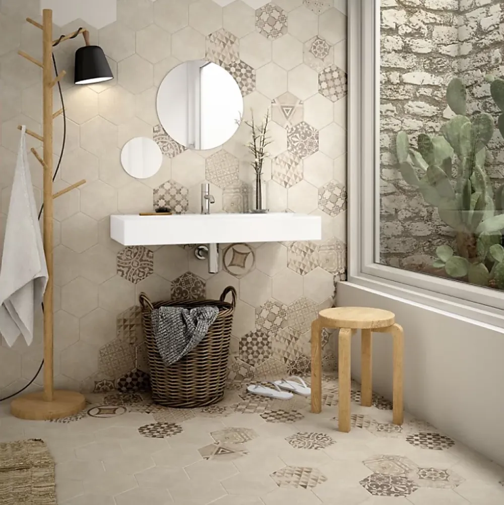 Aelle Carrelage Carrelage sol / mur hexagonal effet ciment patchwork beige 17,5x20 cm HEXATILE CEMENT GARDEN SAND- Carrelage Sol Pour Salle De Bains|Carrelage Sol Effet Béton