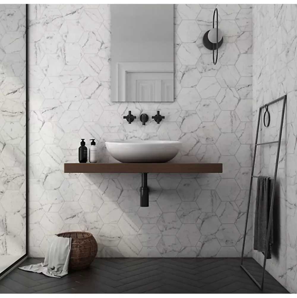 Aelle Carrelage Carrelage sol / mur hexagonal effet marbre blanc mate 17,5x20 cm CARRARA- Carrelage Sol Effet Marbre|Carrelage Sol Pour Pièce À Vivre