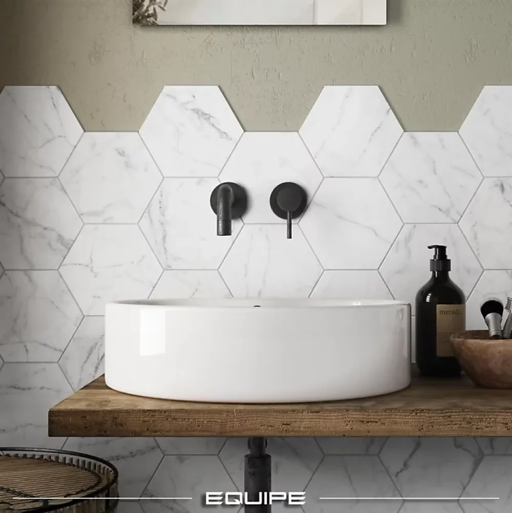 Aelle Carrelage Carrelage sol / mur hexagonal effet marbre blanc mate 17,5x20 cm CARRARA- Carrelage Sol Effet Marbre|Carrelage Sol Pour Pièce À Vivre