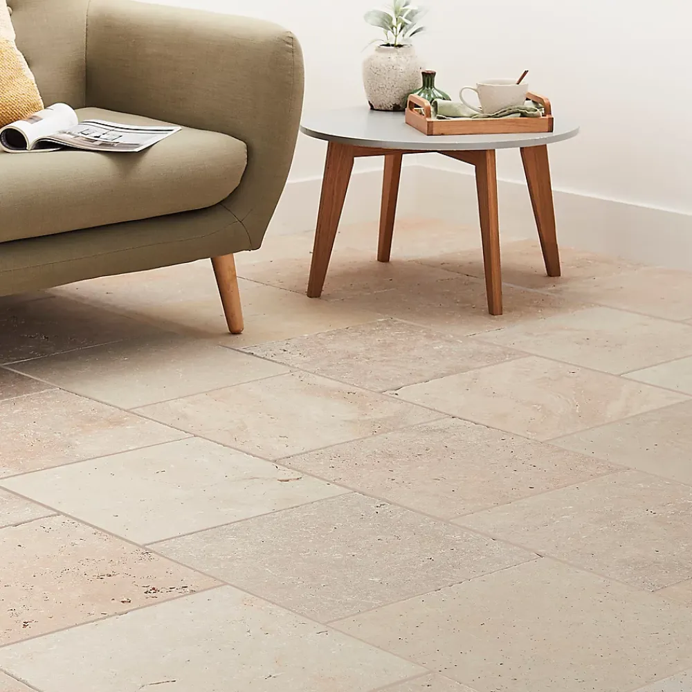 GoodHome Travertin<Carrelage sol et mur beige 40 x 40 cm Travertino pierre naturelle