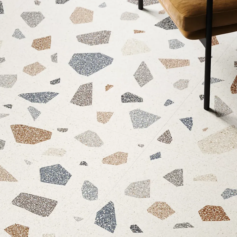 Carrelage sol et mur blanc mat Venise 90 x 90 cm- Carrelage Sol Effet Terrazzo|Carrelage Mural Effet Terrazzo