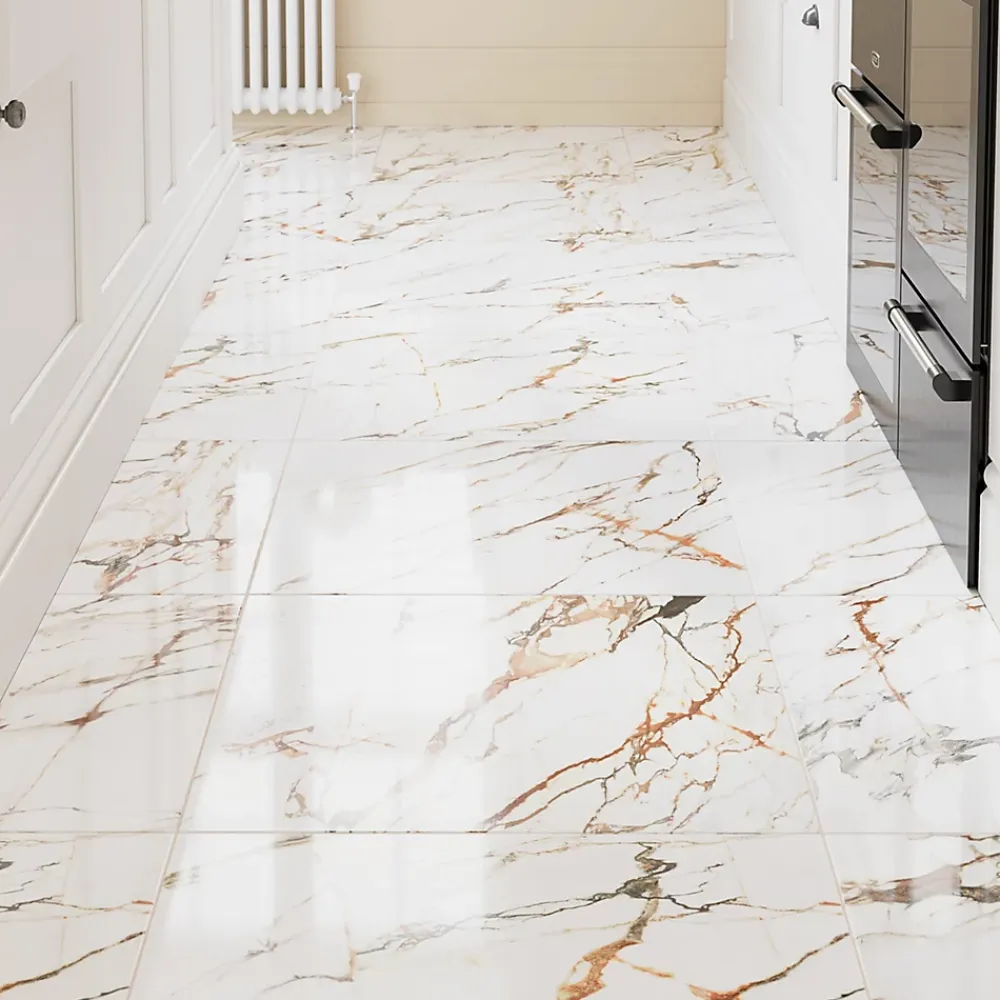 GoodHome Carrelage sol et mur effet marbre blanc et rouge brillant L.60,8 x l.60,8 cm x ép.8,5 mm, Aruma- Carrelage Mural Effet Marbre|Carrelage Mural Pour Salle De Bains