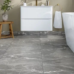 GoodHome Carrelage Mural Pour Douche|Carrelage Mural Pour Wc<Carrelage sol et mur effet marbre gris brillant L.60,8 x l.60,8 cm x ép.8,5 mm, Aruma