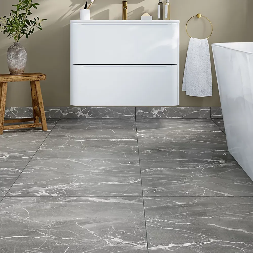 GoodHome Carrelage Mural Pour Douche|Carrelage Mural Pour Wc<Carrelage sol et mur effet marbre gris brillant L.60,8 x l.60,8 cm x ép.8,5 mm, Aruma