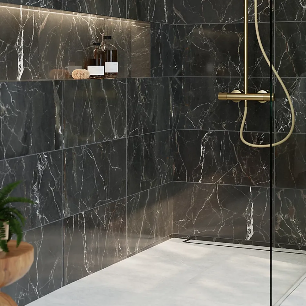 GoodHome Carrelage sol et mur effet marbre anthracite brillant L.61,3 x l.30,3 cm x ép.9 mm, Aruma- Carrelage Mural Pour Wc|Carrelage Mural Effet Marbre