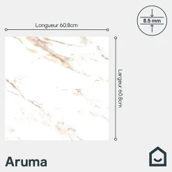 GoodHome Carrelage Mural Effet Marbre|Carrelage Mural Pour Salle De Bains<Carrelage sol et mur effet marbre blanc et doré brillant L.60,8 x l.60,8 cm x ép.8,5 mm - lot de 4, Aruma