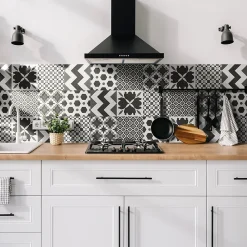 Carrelage sol et mur intérieur effet carreaux de ciment noirs et blancs L.20 x l.20 cm x ép.7,4 mm, Glamour Slate Mix- Carrelage Mural Effet Carreaux De Ciment|Carrelage Mural Pour Pièce À Vivre