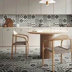 Carrelage sol et mur intérieur effet carreaux de ciment noirs et blancs L.20 x l.20 cm x ép.7,4 mm, Glamour Slate Mix- Carrelage Mural Effet Carreaux De Ciment|Carrelage Mural Pour Pièce À Vivre