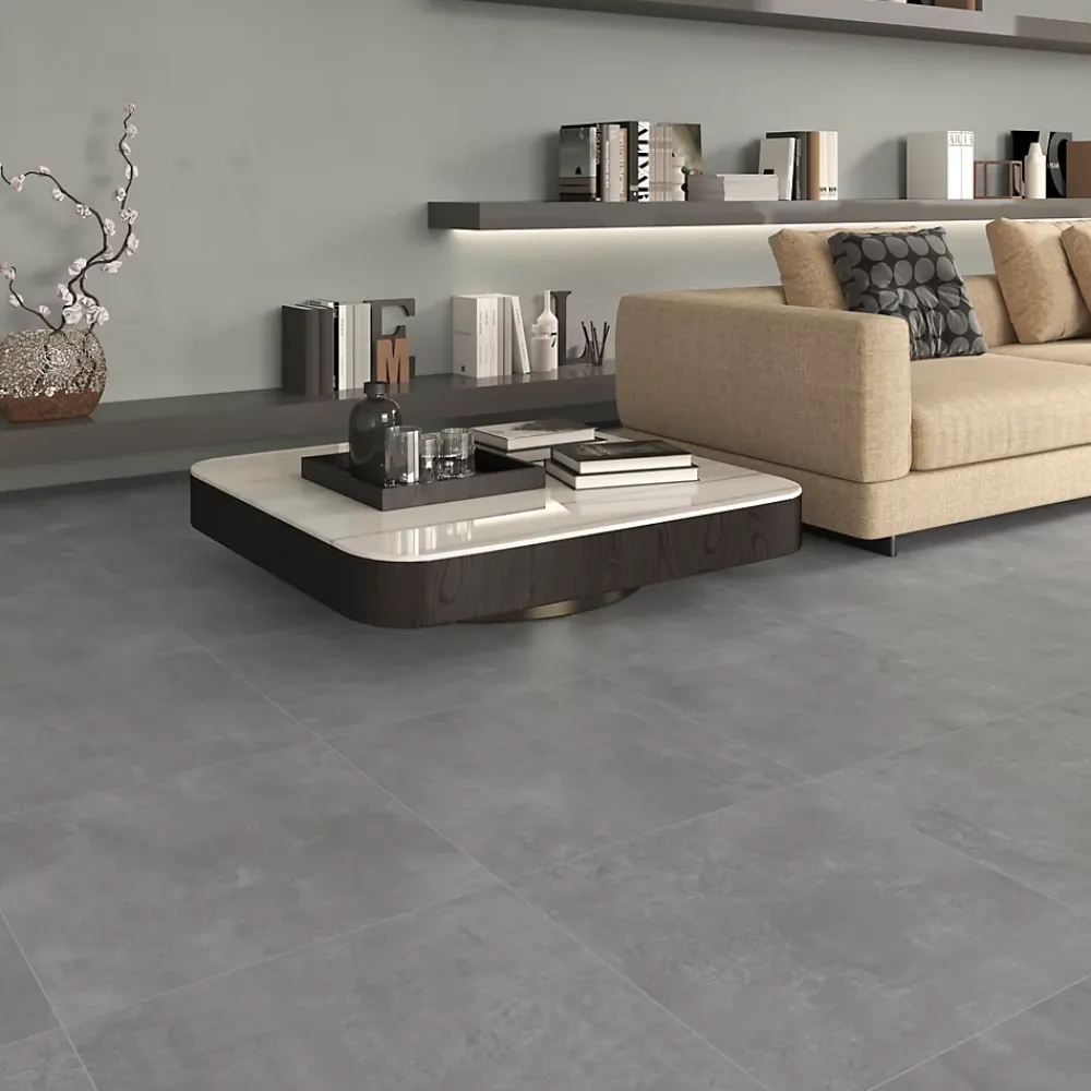 Ecoceramic Carrelage sol et mur intérieur gris moyen effet béton L.60 x l.60 cm x ép.9,5 mm, District- Carrelage Mural Effet Béton|Carrelage Mural Pour Cuisine