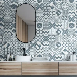Carrelage sol et mur intérieur effet carreaux de ciment tons bleus L.20 x l.20 cm x ép.7,4 mm, Glamour Océan Mix- Carrelage Mural Effet Carreaux De Ciment|Carrelage Mural Pour Cuisine