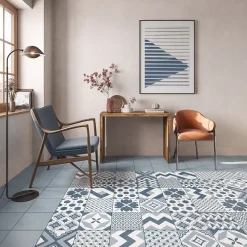 Carrelage sol et mur intérieur effet carreaux de ciment tons bleus L.20 x l.20 cm x ép.7,4 mm, Glamour Océan Mix- Carrelage Mural Effet Carreaux De Ciment|Carrelage Mural Pour Cuisine