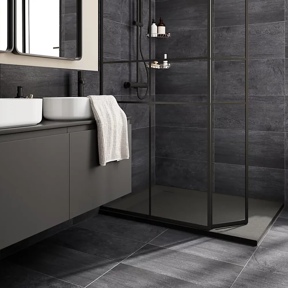 GoodHome Carrelage Mural Pour Wc|Carrelage Mural Pour Salle De Bains<Carrelage sol et mur intérieur anthracite effet pierre L.60 x l.30 cm x ép.9,5 mm, Oikos