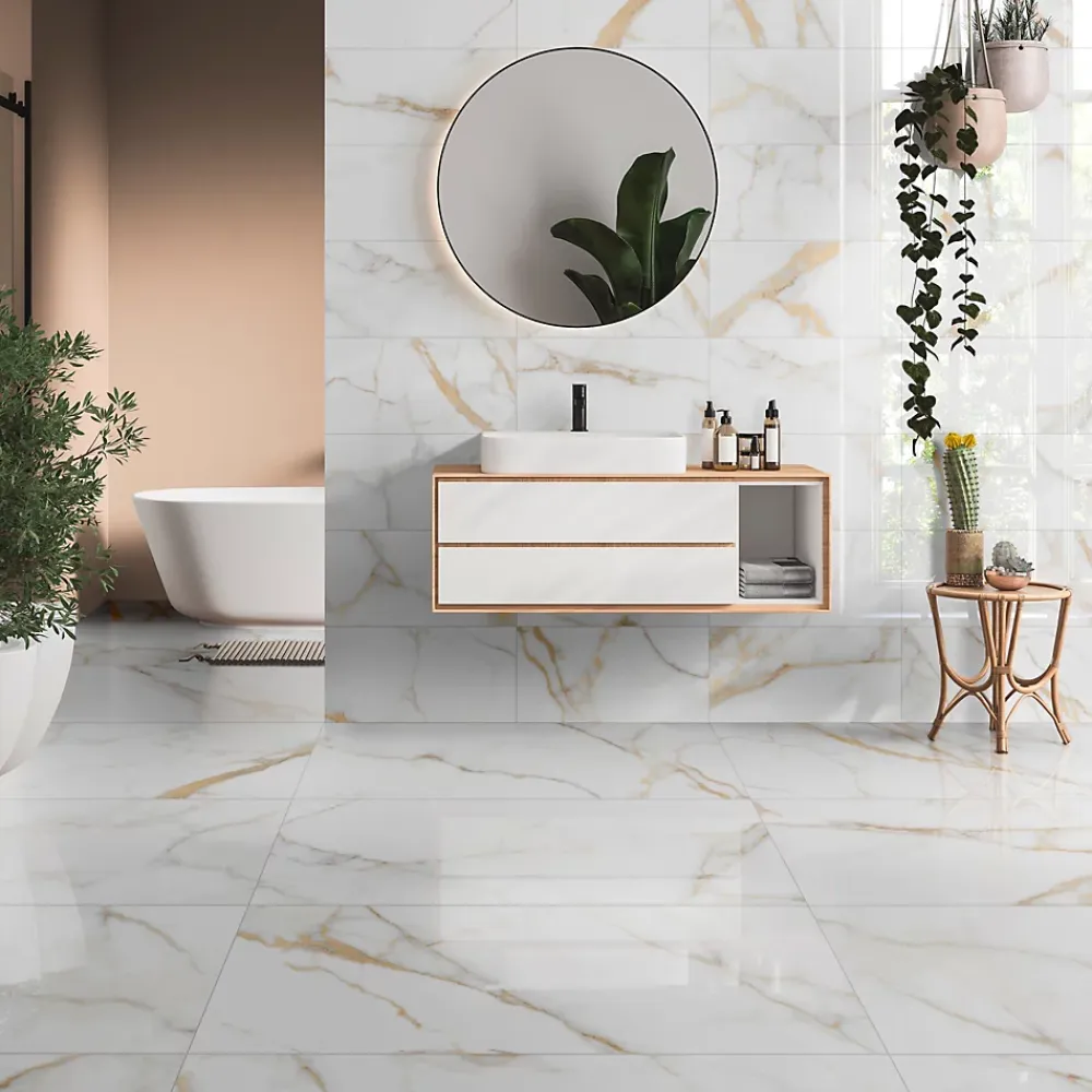 Carrelage sol et mur intérieur en grès cérame émaillé effet marbre blanc et doré poli L.60 x l.30 cm x ép.9 mm, Fiordo Reve- Carrelage Mural Pour Pièce À Vivre|Carrelage Mural Effet Marbre