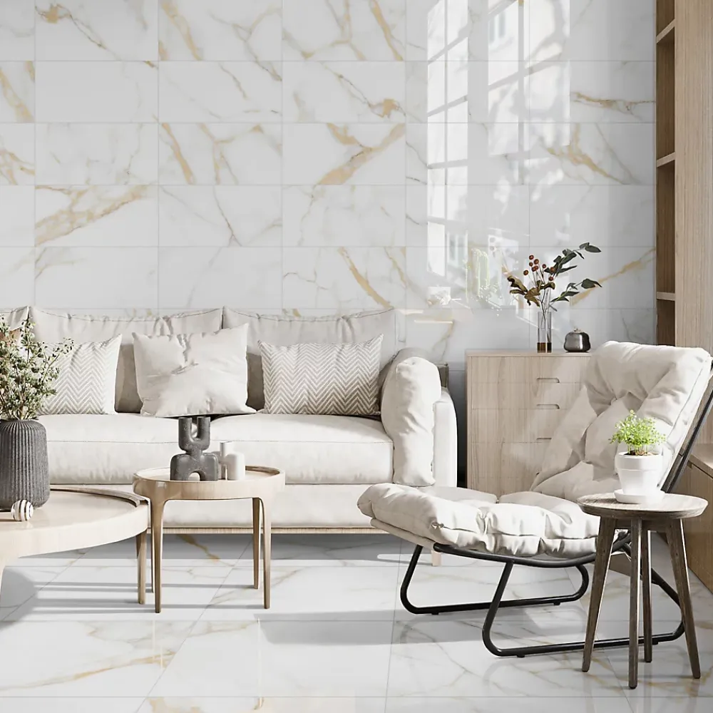 Carrelage sol et mur intérieur en grès cérame émaillé effet marbre blanc et doré poli L.60 x l.30 cm x ép.9 mm, Fiordo Reve- Carrelage Mural Pour Pièce À Vivre|Carrelage Mural Effet Marbre