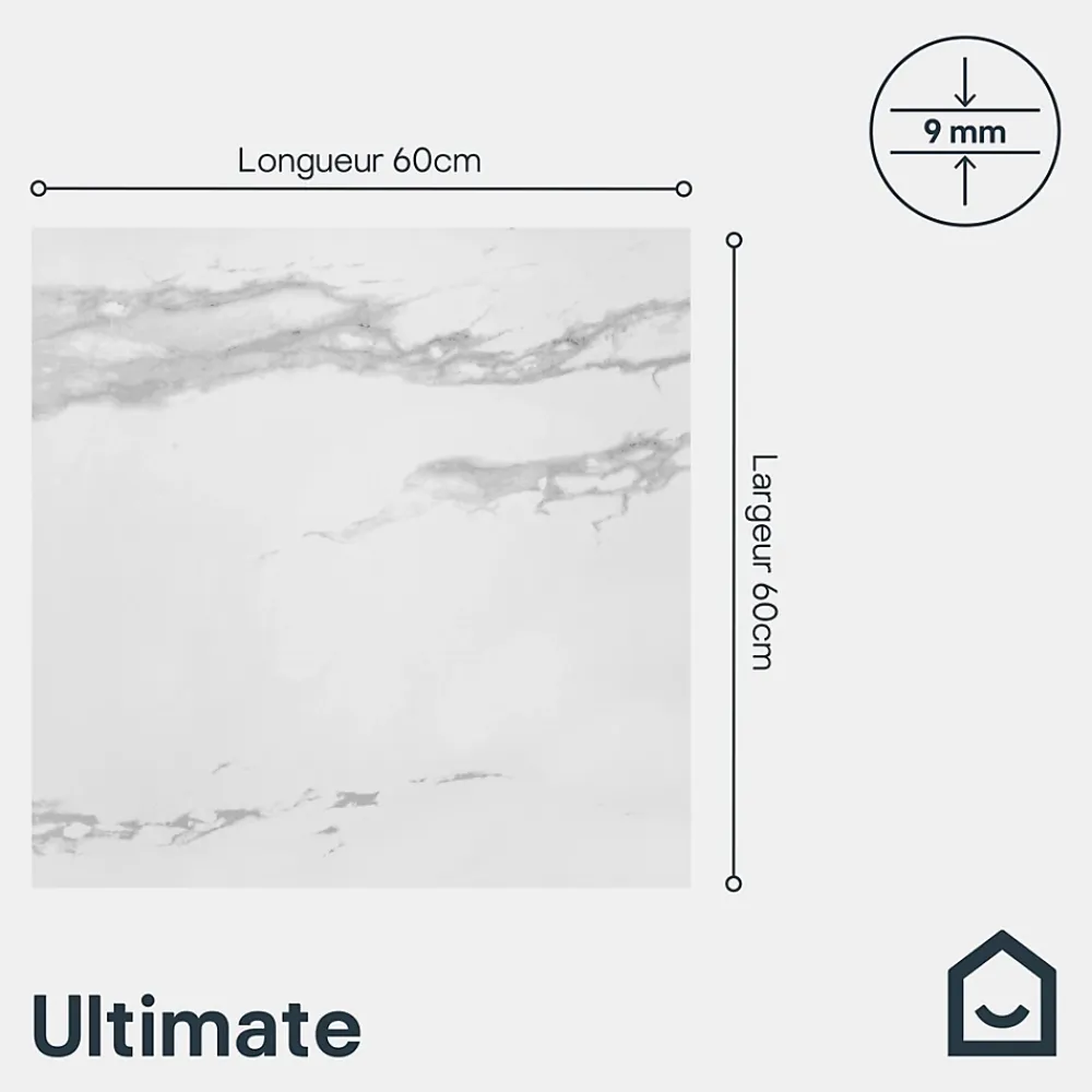 GoodHome Carrelage sol et mur intérieur en grés cérame émaillé effet marbre blanc poli L.60 x l.60 cm x ép.9 mm, Ultimate Marble- Carrelage Mural Effet Marbre|Carrelage Sol Effet Marbre