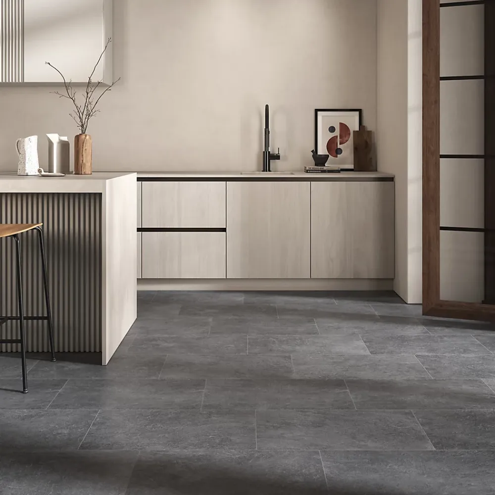 Carrelage sol et mur intérieur gris foncé effet pierre L.60,4 x l.30 cm x ép.7,4 mm, Mitha- Carrelage Mural Pour Wc|Carrelage Mural Effet Pierre
