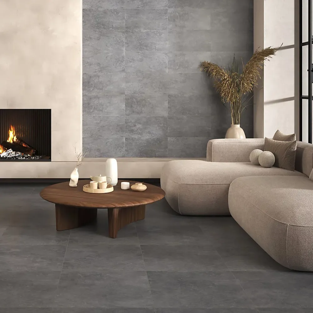 Carrelage sol et mur intérieur gris foncé effet pierre L.60,4 x l.30 cm x ép.7,4 mm, Mitha- Carrelage Mural Pour Wc|Carrelage Mural Effet Pierre