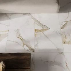 Ecoceramic Carrelage sol et mur intérieur grès cérame émaillé effet marbre blanc mat et doré L.60 x l.60 cm x ép.8,5 mm, Aster- Carrelage Mural Pour Douche|Carrelage Mural Pour Wc