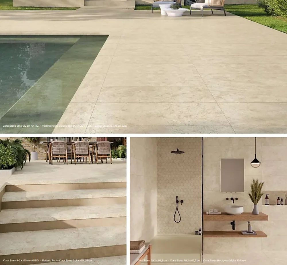 Cristacer Carrelage sol et mur intérieur / extérieur effet travertin antidérapant R11 Coral Stone l.60 X L.60 cm rectifié 1er choix- Carrelage Extérieur Et Terrasse