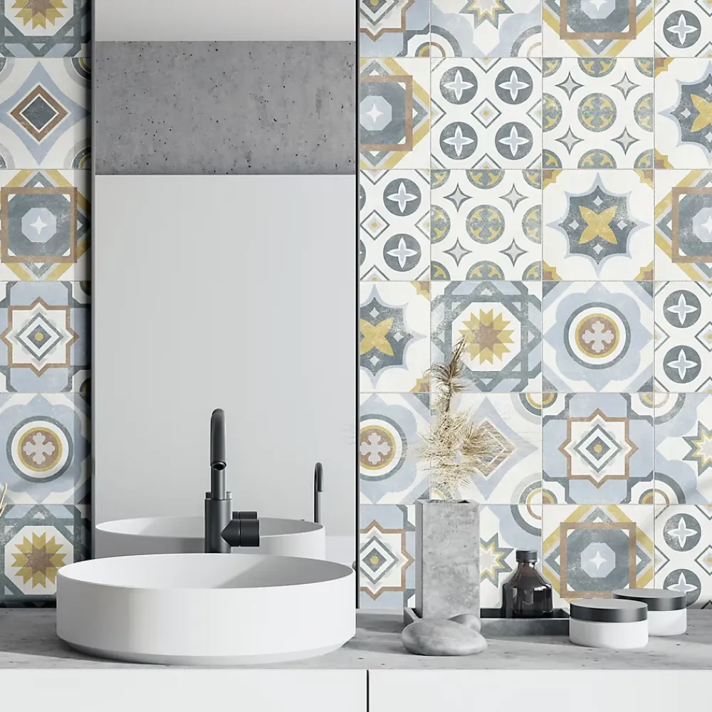 Carrelage Mural Effet Carreaux De Ciment|Carrelage Sol Effet Carreaux De Ciment<Carrelage sol et mur intérieur effet carreaux de ciment tons bleus et ocres L.20 x l.20 cm x ép.7,4 mm, Liberty bleu