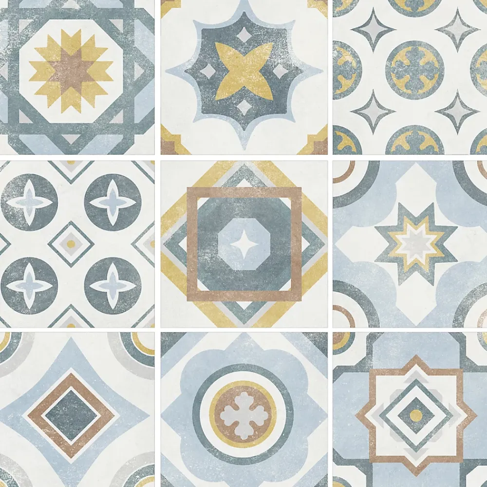 Carrelage Mural Effet Carreaux De Ciment|Carrelage Sol Effet Carreaux De Ciment<Carrelage sol et mur intérieur effet carreaux de ciment tons bleus et ocres L.20 x l.20 cm x ép.7,4 mm, Liberty bleu