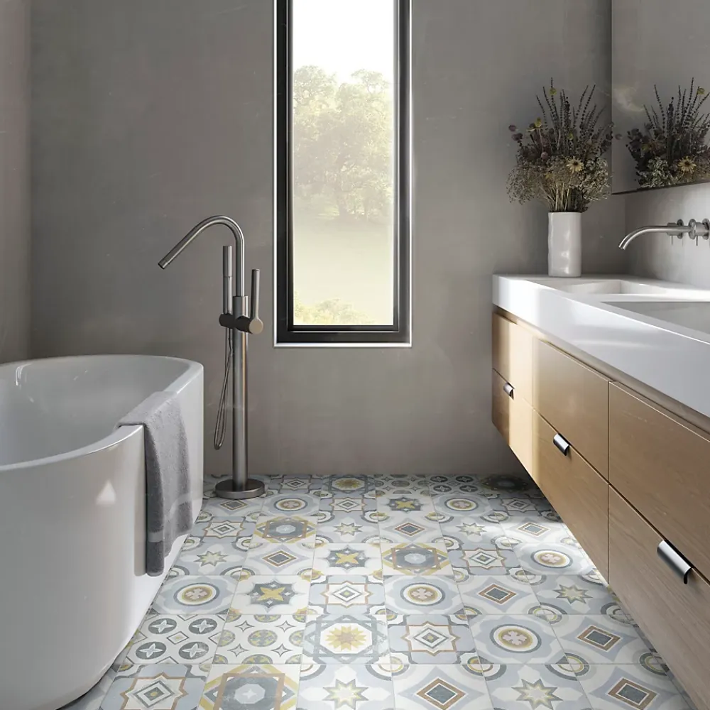 Carrelage Mural Effet Carreaux De Ciment|Carrelage Sol Effet Carreaux De Ciment<Carrelage sol et mur intérieur effet carreaux de ciment tons bleus et ocres L.20 x l.20 cm x ép.7,4 mm, Liberty bleu