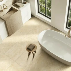 Carrelage sol et mur intérieur en grès cérame émaillé beige effet travertin mat L.119,8 x l.60 cm x ép.7,4 mm, Traverno- Carrelage Mural Effet Pierre|Carrelage Sol Effet Pierre