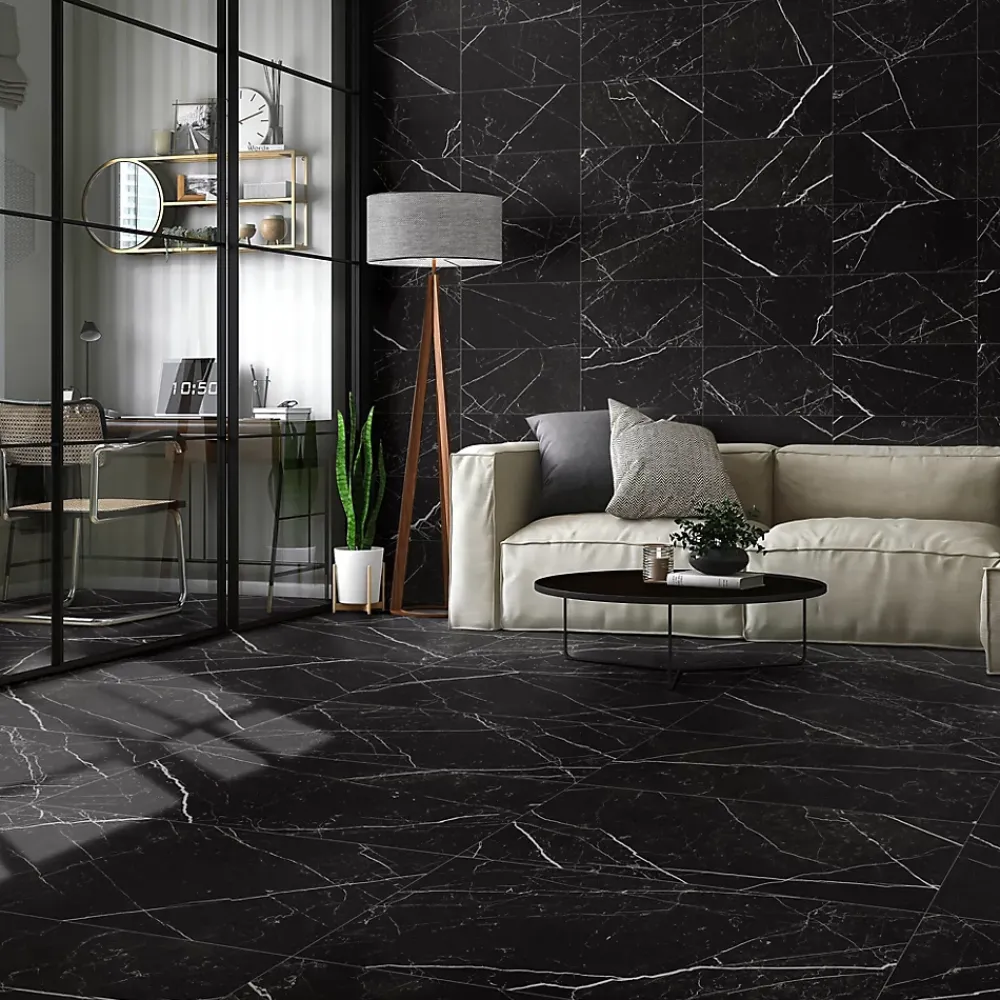 Carrelage sol et mur intérieur en grès cérame effet marbre noir mat L.120 x l.60 cm x ép.9 mm, Fiordo Tresor- Carrelage Mural Pour Pièce À Vivre|Carrelage Mural Effet Marbre