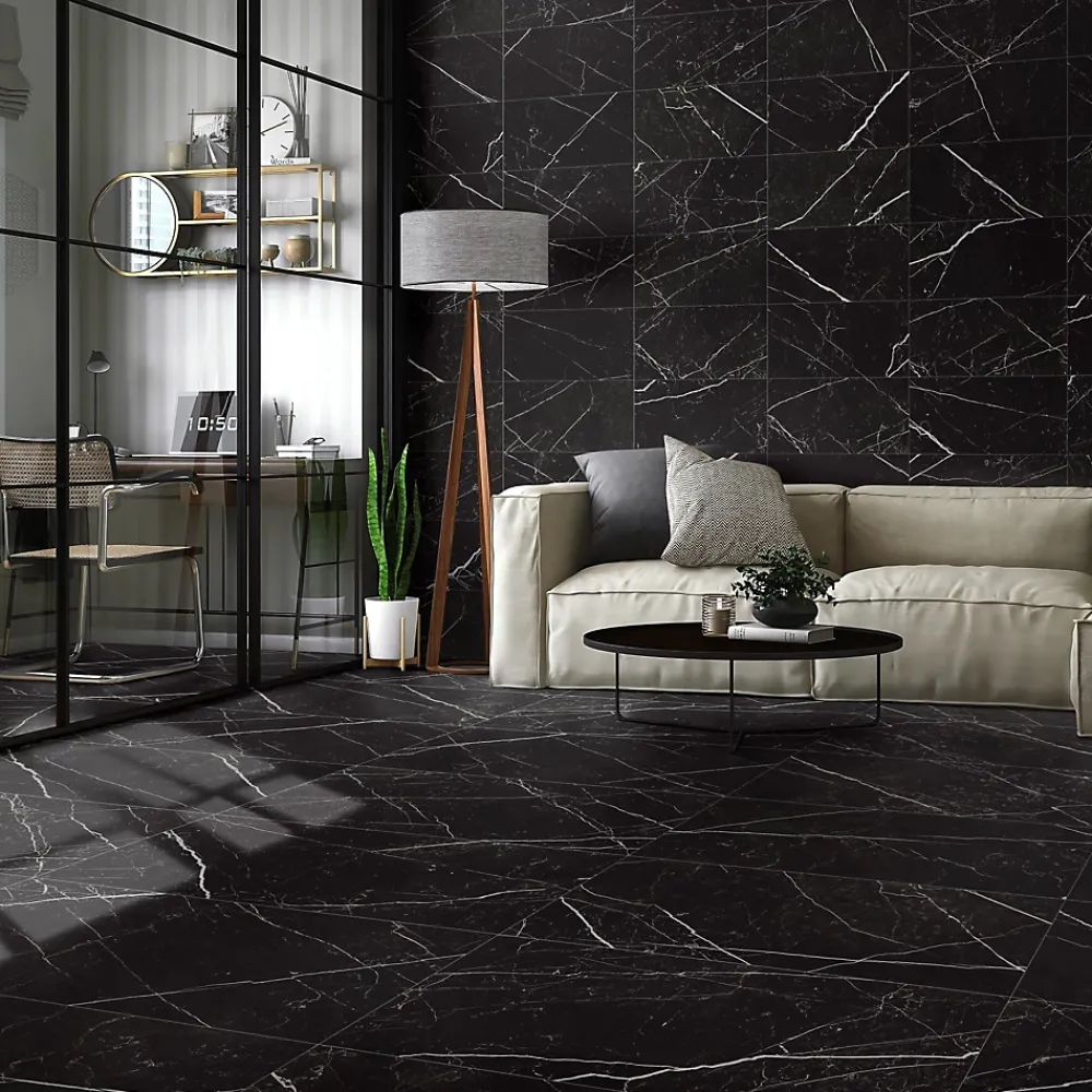 Carrelage sol et mur intérieur en grès cérame émaillé effet marbre noir mat L.60 x l.30 cm x ép.9 mm, Fiordo Tresor- Carrelage Mural Effet Marbre|Carrelage Sol Pour Pièce À Vivre